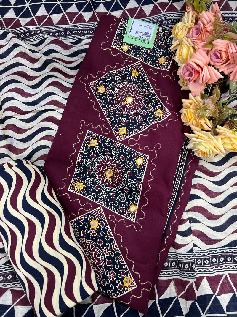 Stunning Burgundy Cotton Suit with Mirror Work and Leheriya Dupatta