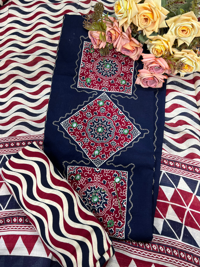 Stunning Burgundy Cotton Suit with Mirror Work and Leheriya Dupatta