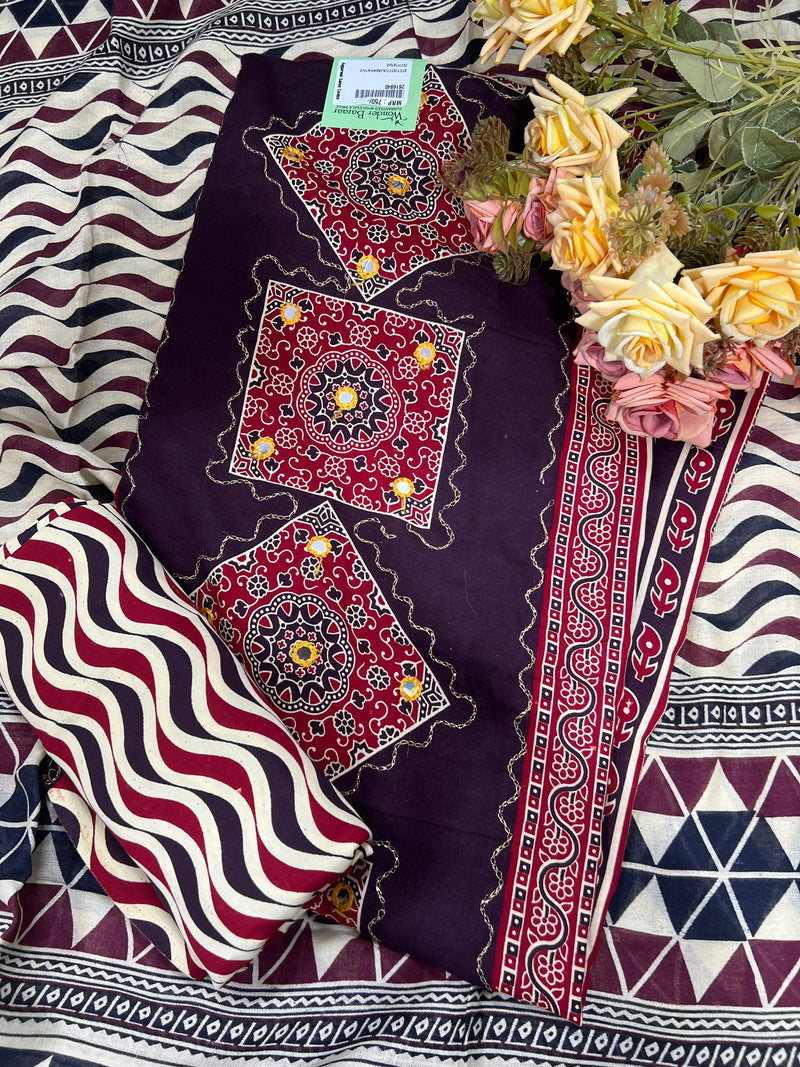 Stunning Burgundy Cotton Suit with Mirror Work and Leheriya Dupatta