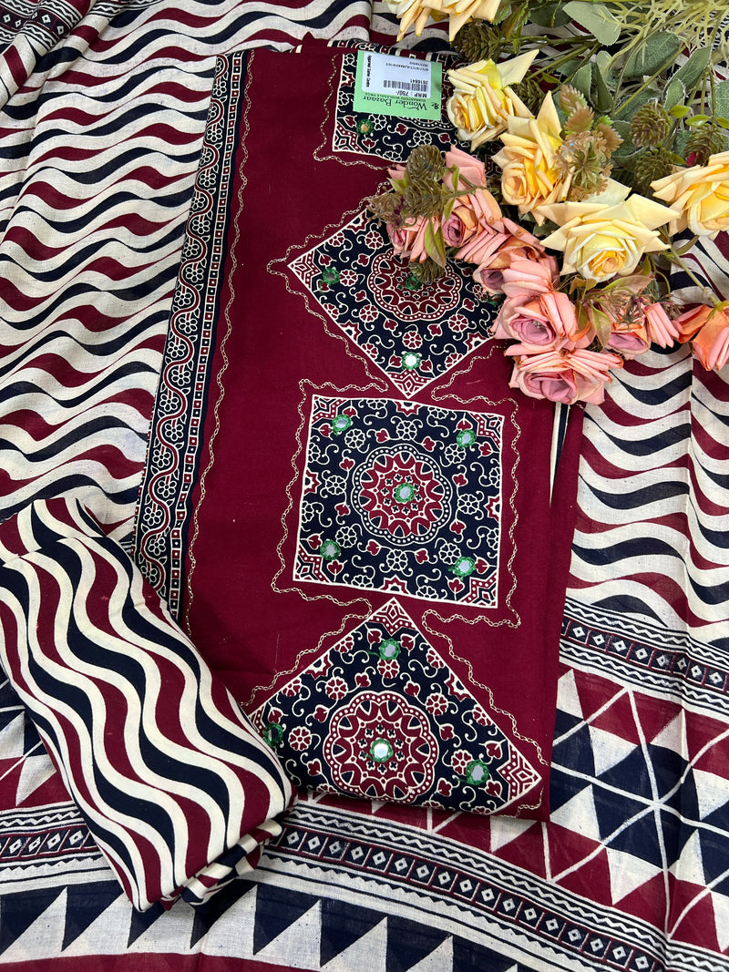 Stunning Burgundy Cotton Suit with Mirror Work and Leheriya Dupatta