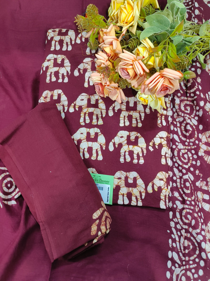 Artistic Maroon Cotton Suit with Traditional Elephant Batik Print