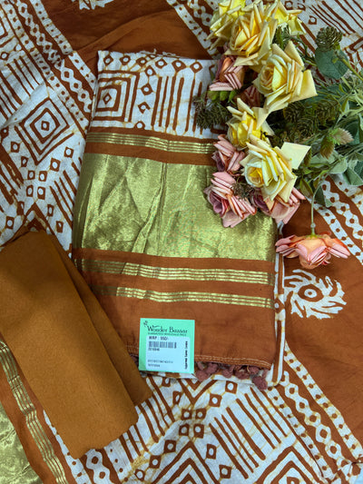 Terracotta Brown Geometric Batik Silk-Cotton Suit with Zari