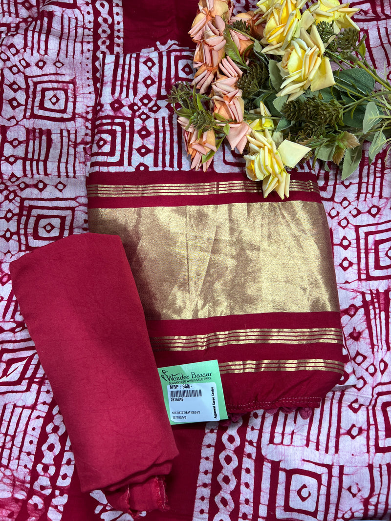 Terracotta Brown Geometric Batik Silk-Cotton Suit with Zari