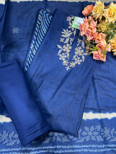 Navy Blue Floral Embroidered Chanderi Silk Unstitched Suit