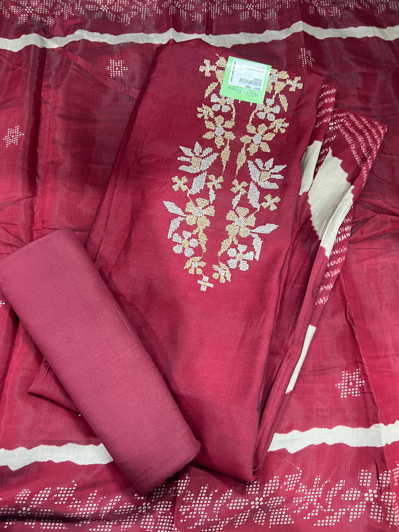 Navy Blue Floral Embroidered Chanderi Silk Unstitched Suit