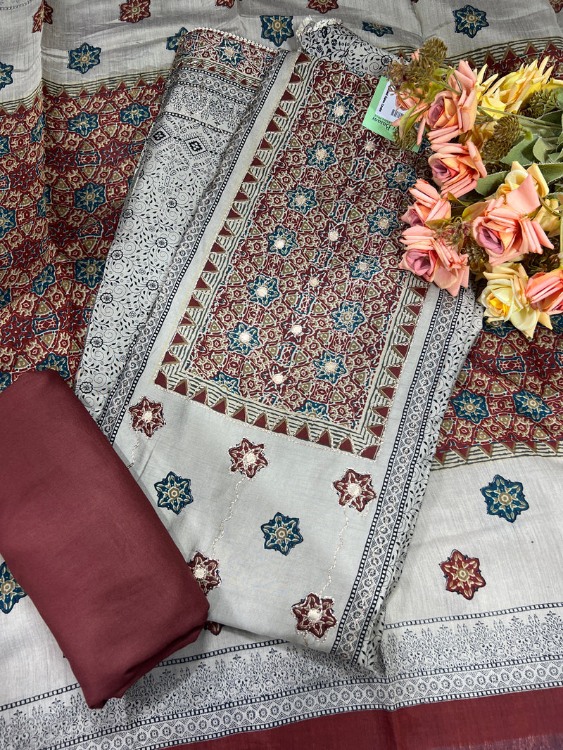 Elegant Maroon & Grey Printed Cotton Silk Unstitched Suit Set