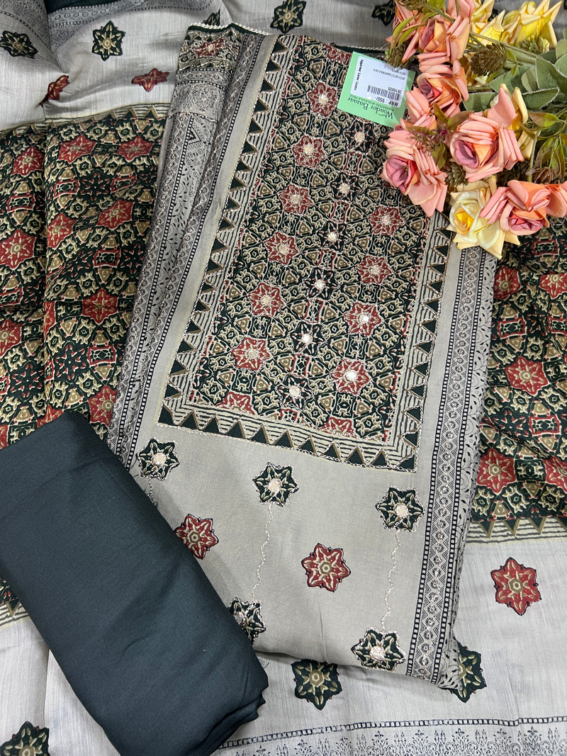 Elegant Maroon & Grey Printed Cotton Silk Unstitched Suit Set