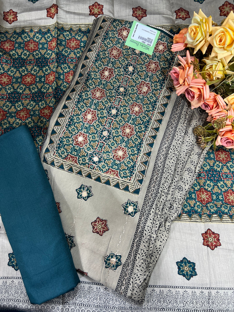 Elegant Maroon & Grey Printed Cotton Silk Unstitched Suit Set