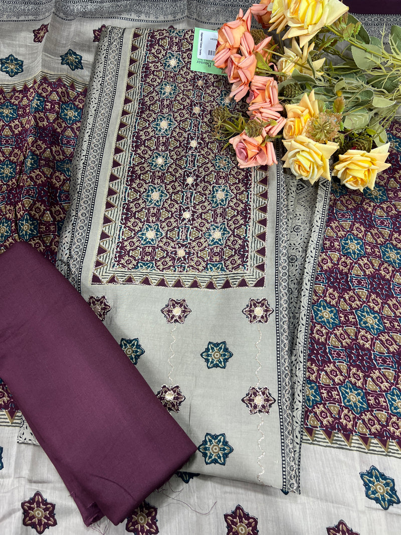 Elegant Maroon & Grey Printed Cotton Silk Unstitched Suit Set