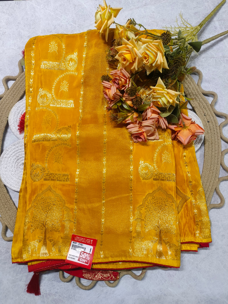 Golden Mustard Dola Silk Saree with Antique Zari Work