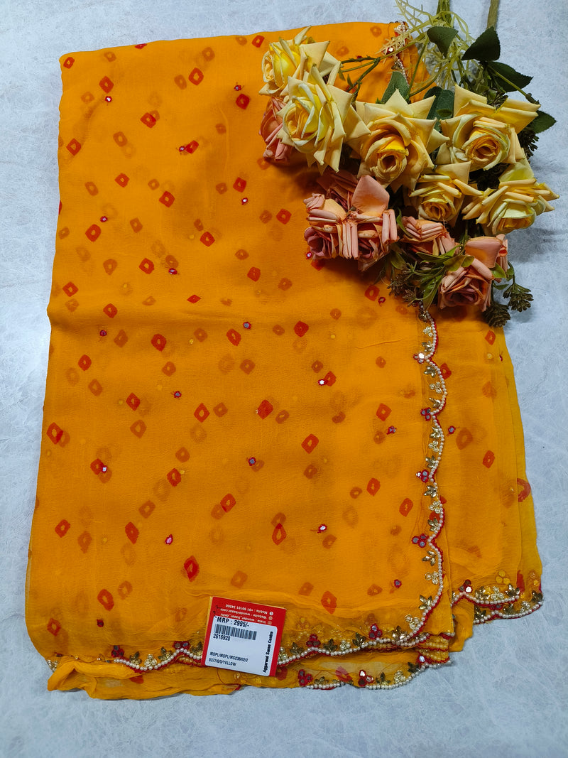 Sunshine Yellow Bandhani Print Georgette Saree with Pearl Scalloped Border