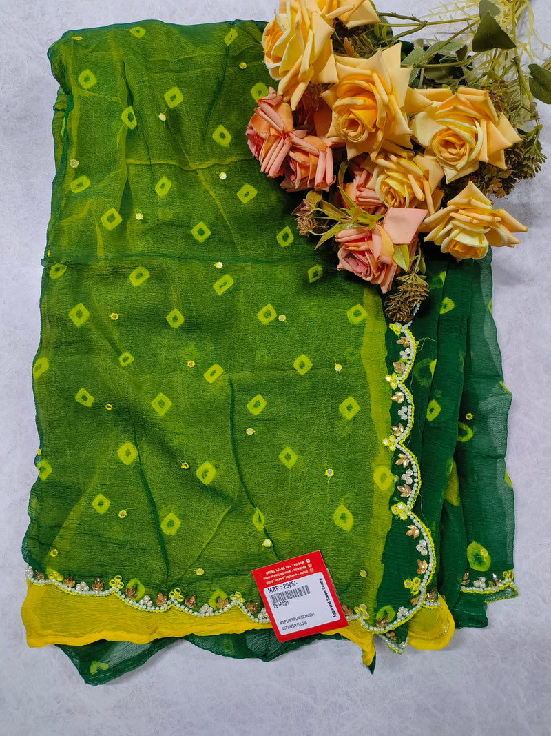 Sunshine Yellow Bandhani Print Georgette Saree with Pearl Scalloped Border
