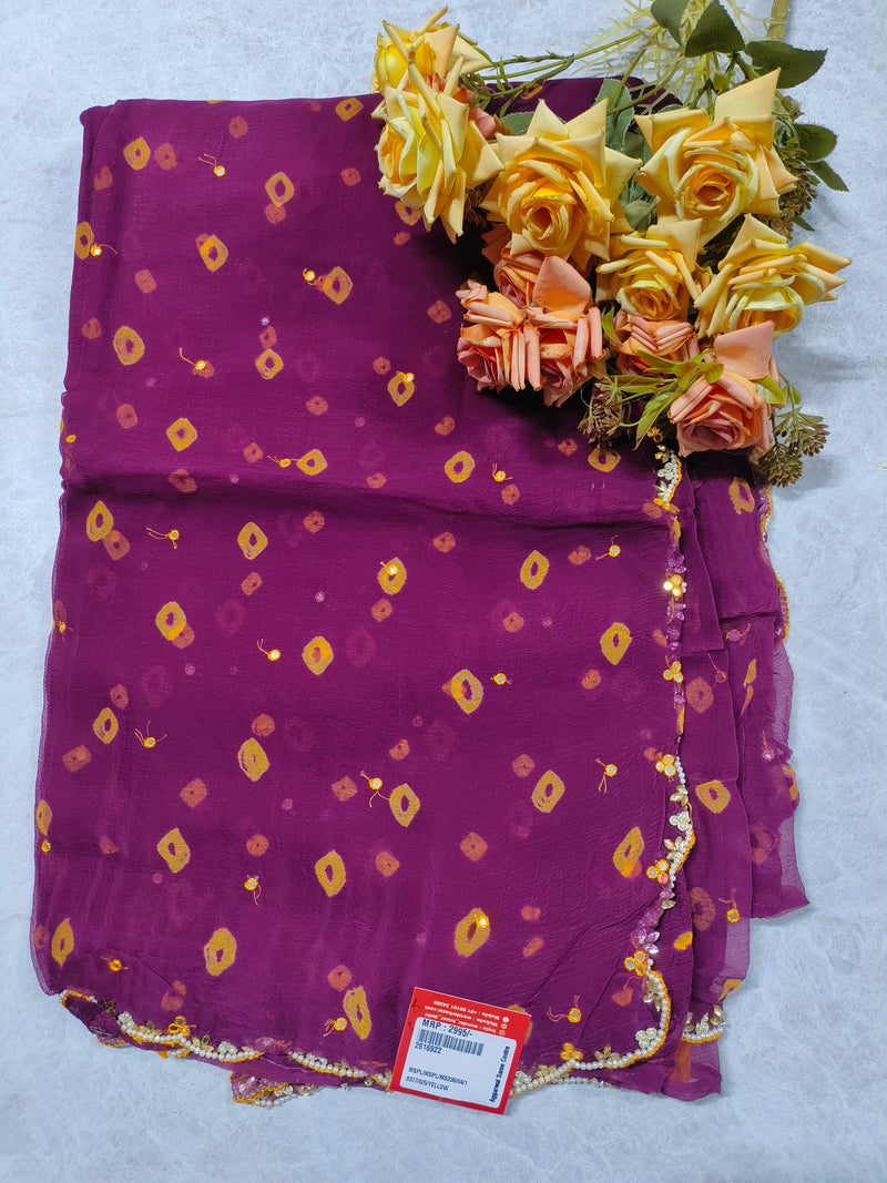 Sunshine Yellow Bandhani Print Georgette Saree with Pearl Scalloped Border