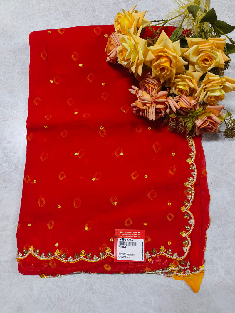 Sunshine Yellow Bandhani Print Georgette Saree with Pearl Scalloped Border