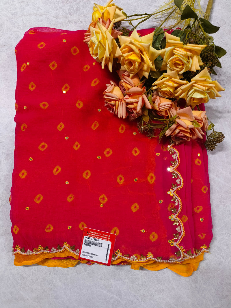 Sunshine Yellow Bandhani Print Georgette Saree with Pearl Scalloped Border