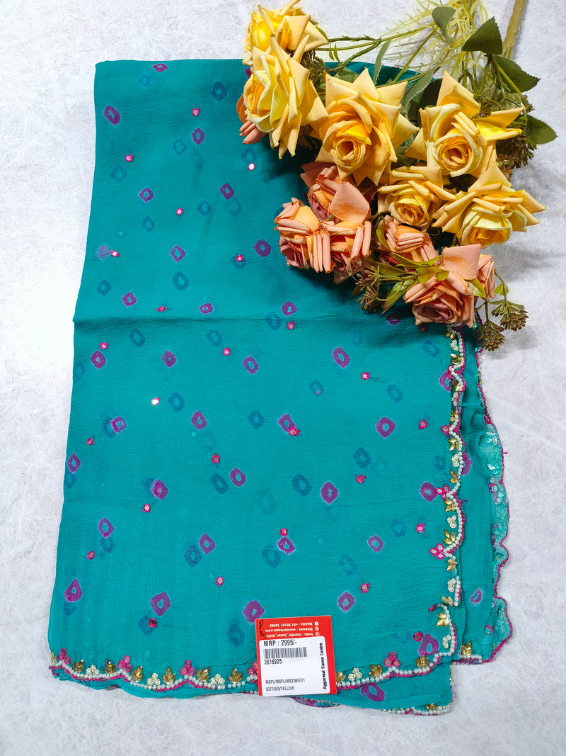 Sunshine Yellow Bandhani Print Georgette Saree with Pearl Scalloped Border