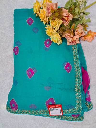 Enchanting Teal Blue Bandhani Print Saree with Scalloped Mirror Border