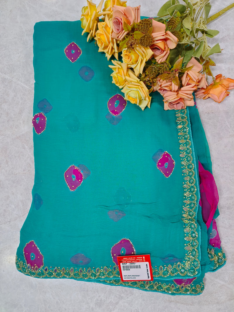 Enchanting Teal Blue Bandhani Print Saree with Scalloped Mirror Border