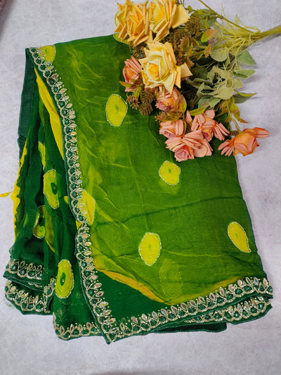 Emerald Green Chiffon Saree with Mirror Work Lace and Yellow Tie-Dye