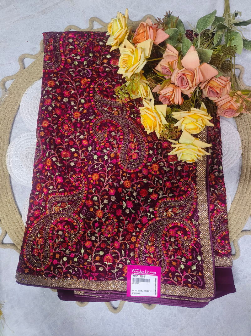 Regal Deep Maroon Velvet-Feel Embroidered Party Wear Saree