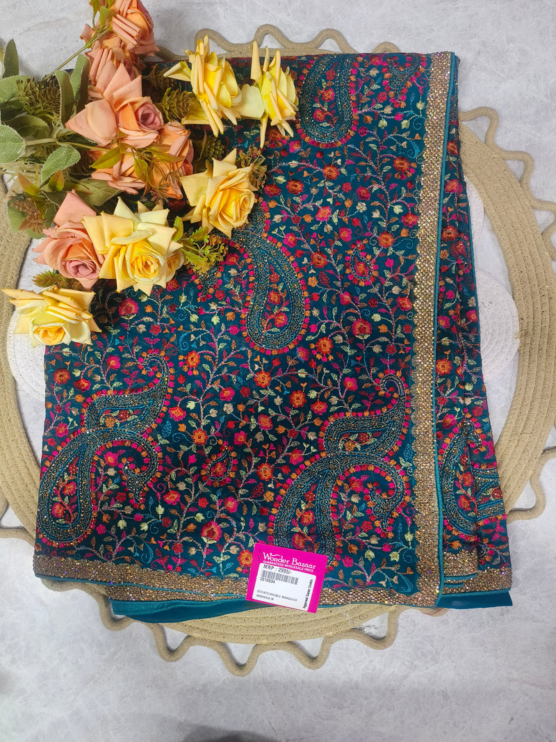 Regal Deep Maroon Velvet-Feel Embroidered Party Wear Saree
