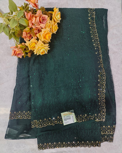 Royal Emerald Green Georgette Saree with Gold Bead Border