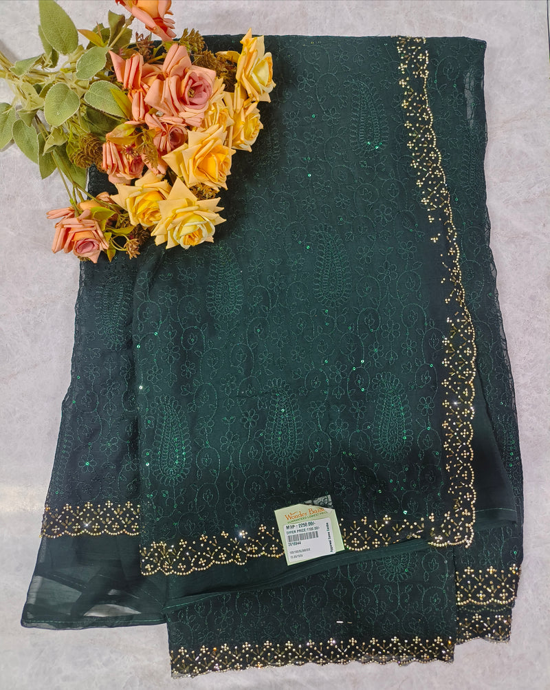 Royal Emerald Green Georgette Saree with Gold Bead Border