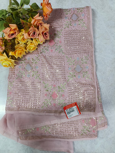 Blush Rose Pink Floral Embroidered Saree with Sequin Accents