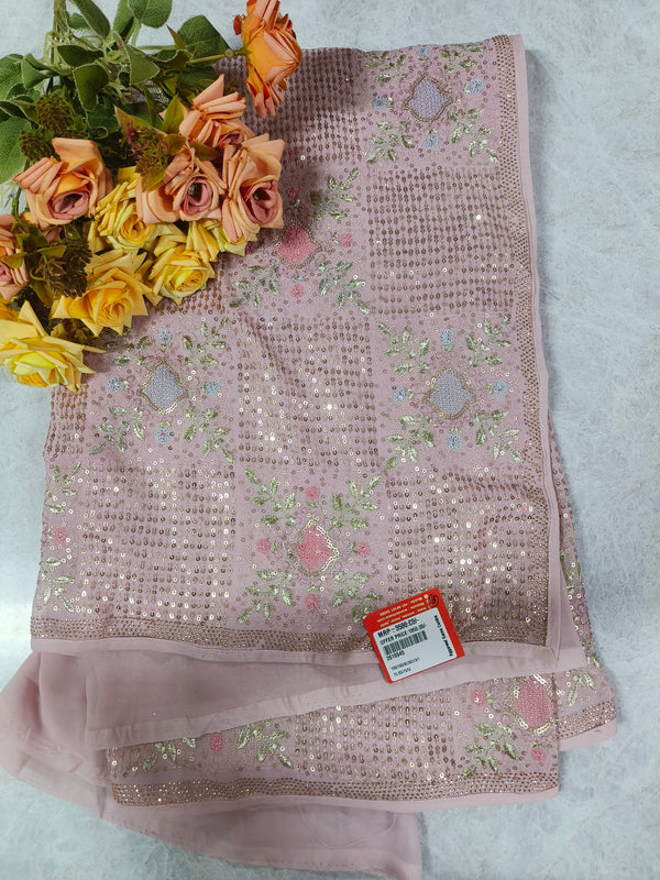 Blush Rose Pink Floral Embroidered Saree with Sequin Accents