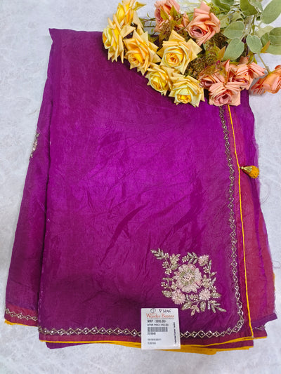 Vibrant Magenta Crinkled Silk Saree with Floral Patchwork