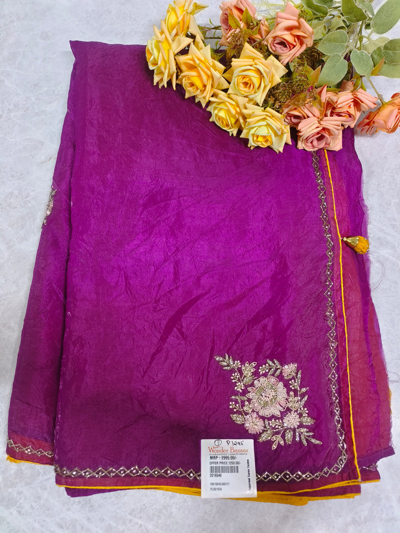 Vibrant Magenta Crinkled Silk Saree with Floral Patchwork
