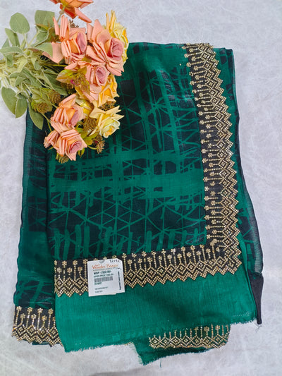 Lush Forest Green Abstract Saree with Heavy Gold Sequin Border