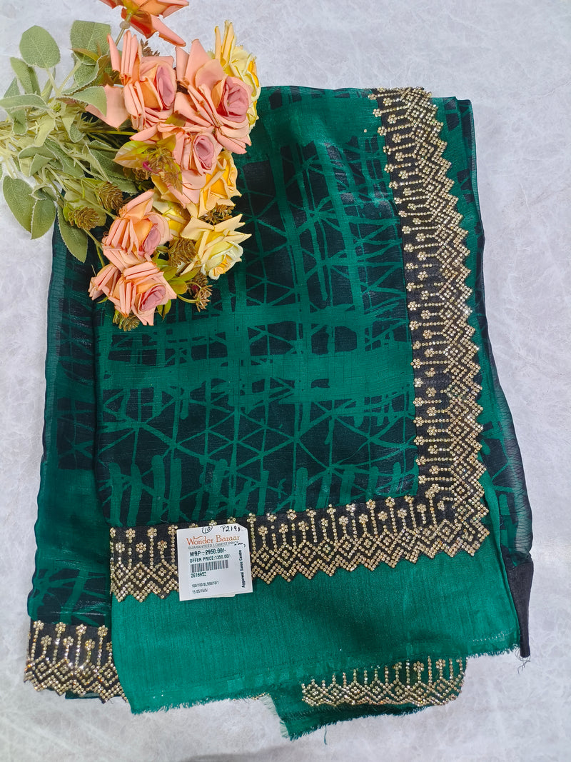 Lush Forest Green Abstract Saree with Heavy Gold Sequin Border
