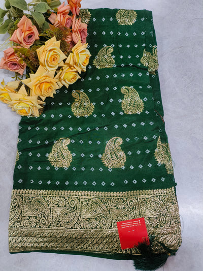 Emerald Green Bandhani Style Saree with Golden Paisley Zari Work