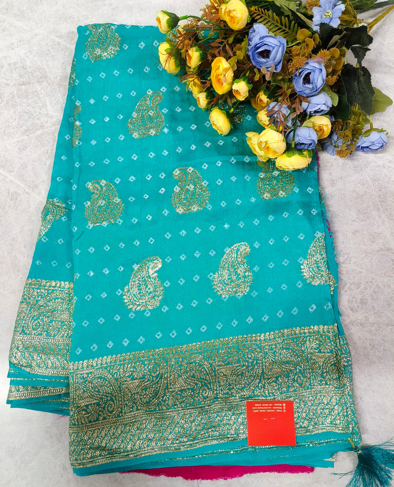 Emerald Green Bandhani Style Saree with Golden Paisley Zari Work