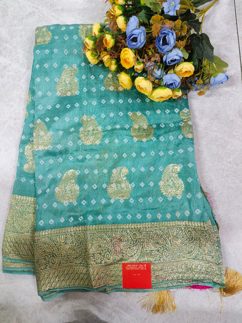 Emerald Green Bandhani Style Saree with Golden Paisley Zari Work
