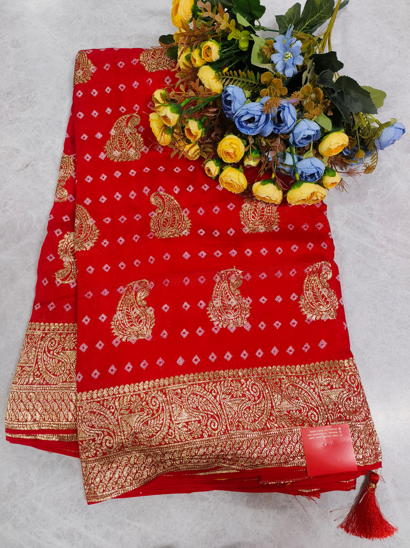 Emerald Green Bandhani Style Saree with Golden Paisley Zari Work