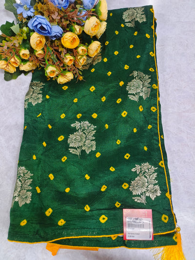 Lush Emerald Green Bandhani Saree with Floral Golden Zari Buttis