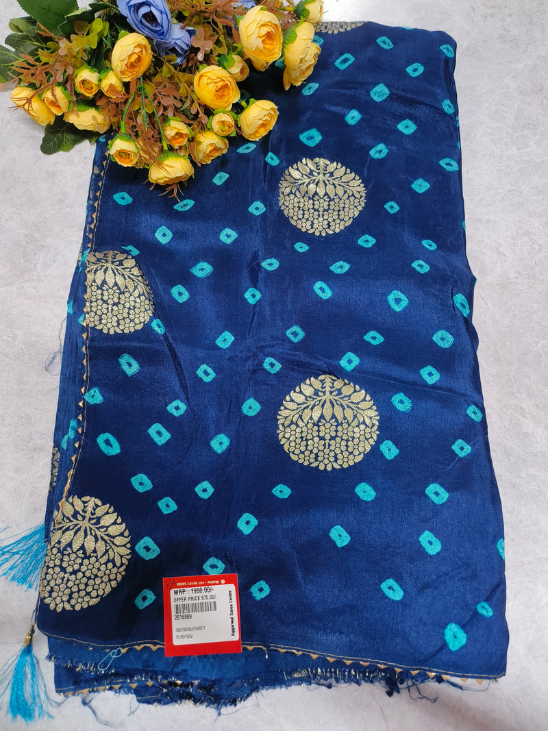 Lush Emerald Green Bandhani Saree with Floral Golden Zari Buttis