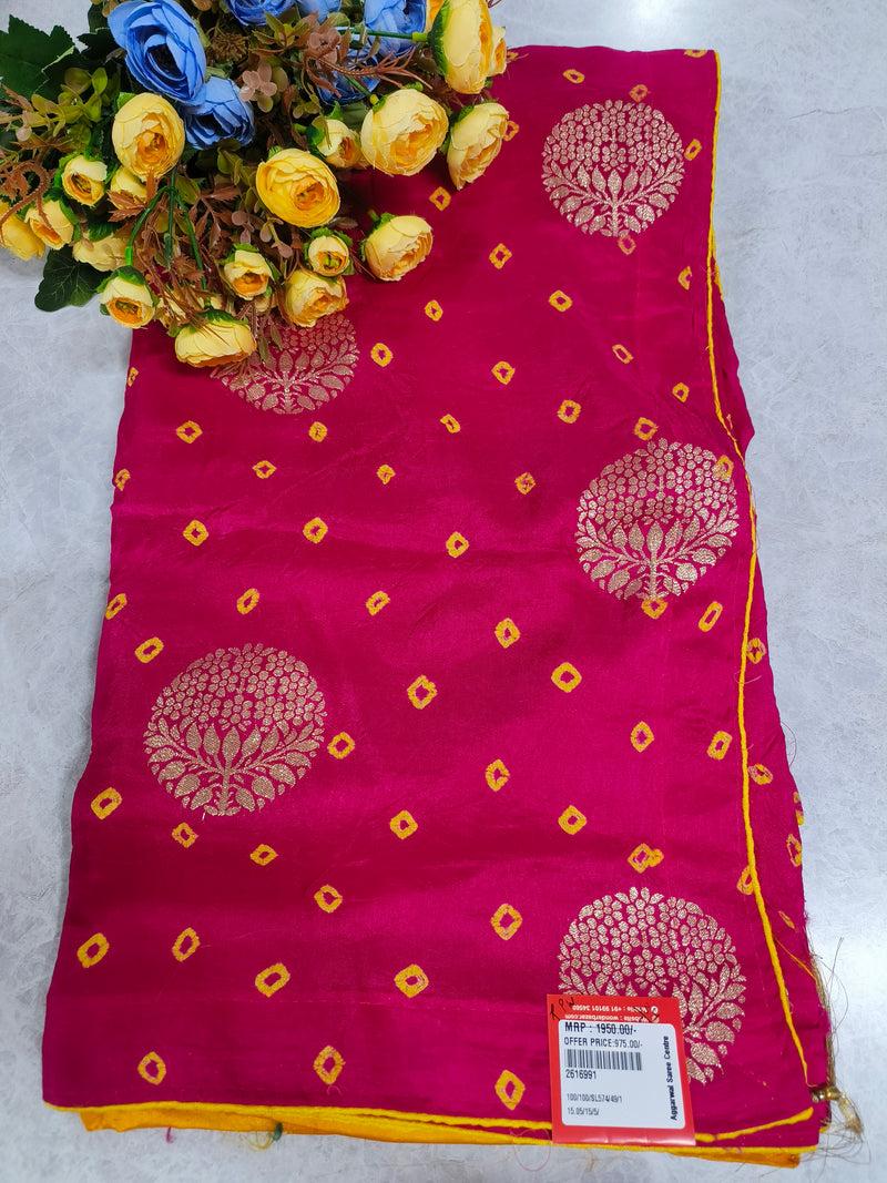 Lush Emerald Green Bandhani Saree with Floral Golden Zari Buttis