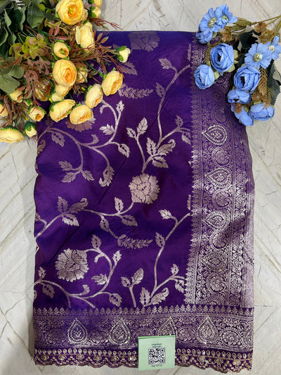 Royal Violet Banarasi Style Saree with Intricate Silver Floral Zari Vine