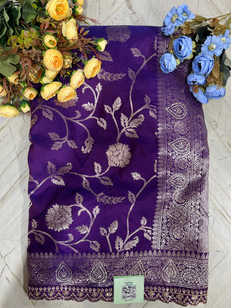 Royal Violet Banarasi Style Saree with Intricate Silver Floral Zari Vine