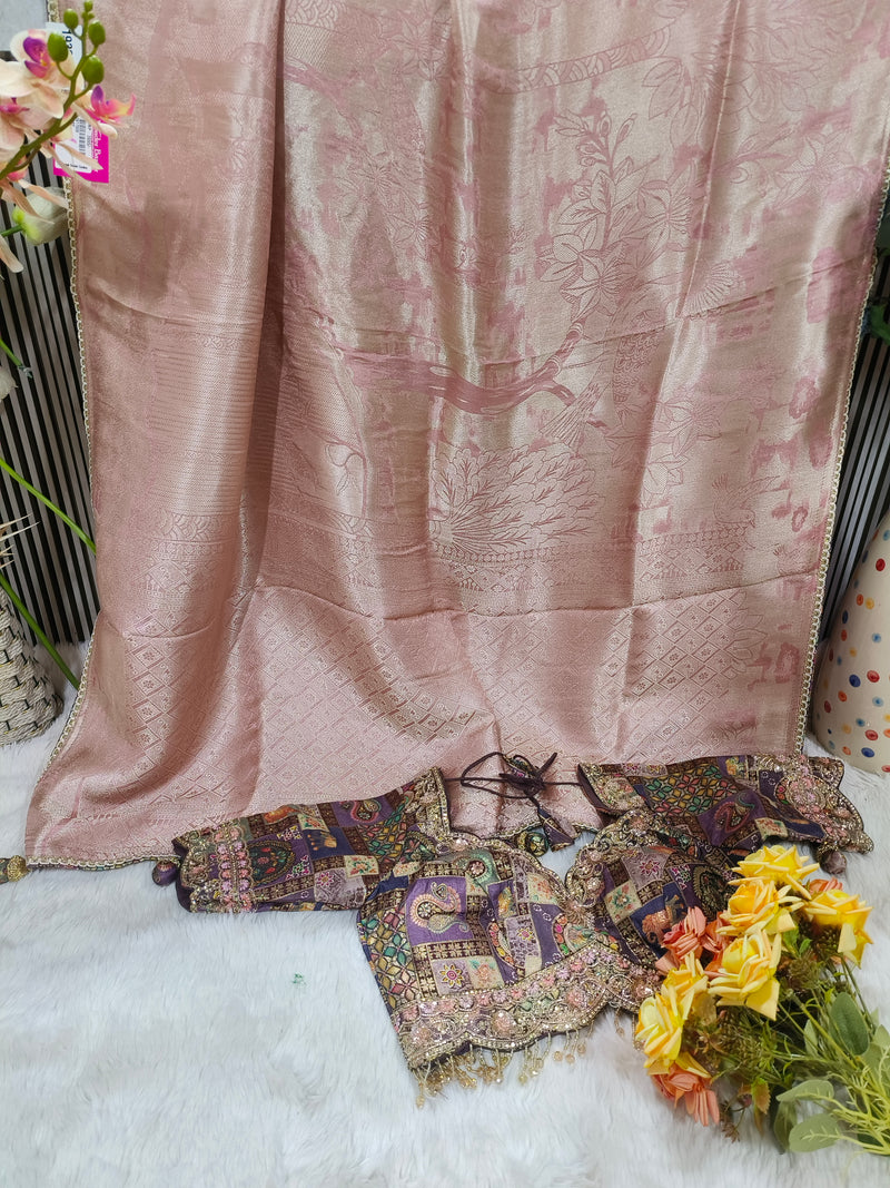 Radiant Cream Silk Saree with Intricate Elephant Motif Magenta Blouse