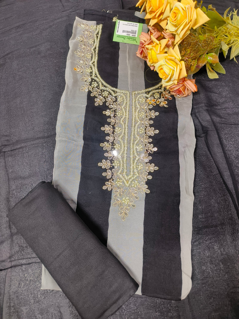 Sophisticated Black and Grey Striped Suit with Heavy Mirror Work Neckline