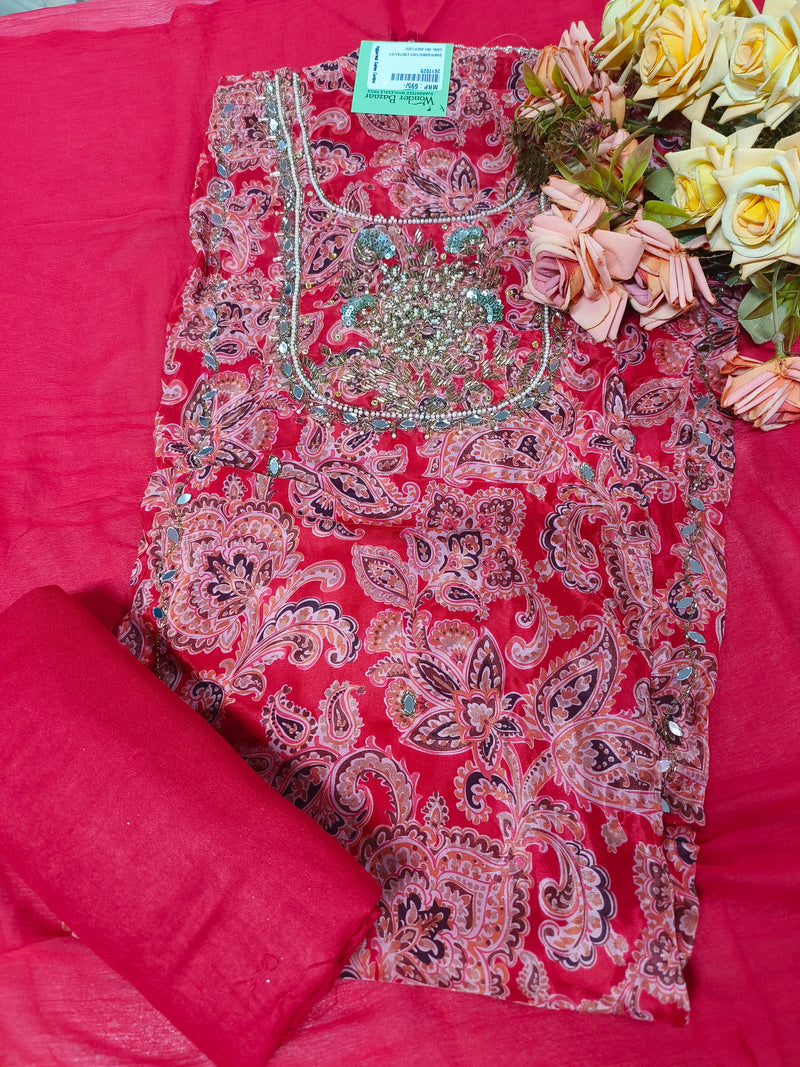 Regal Deep Red Paisley Print Suit Set with Hand-Embroidered Yoke