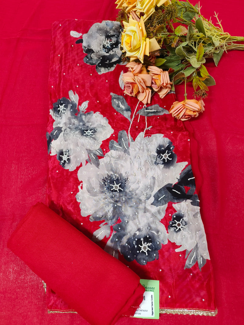 Majestic Red Floral Print Suit with White Bead and Pearl Accents