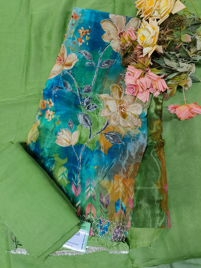 Ethereal Teal Green Multi-Color Floral Suit with Sequin Artistry