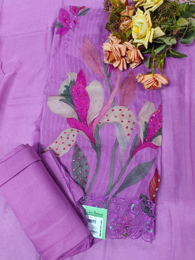 Graceful Lavender Purple Unstitched Suit with Large Floral Embroidery