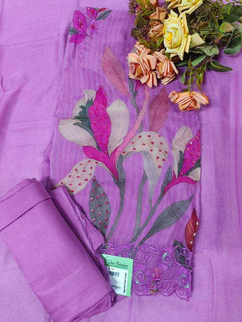 Graceful Lavender Purple Unstitched Suit with Large Floral Embroidery