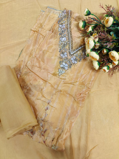 Radiant Mustard Gold Organza Suit with Heavy Embroidered Neckline